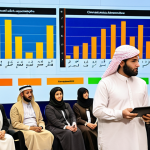 **

A diverse group of people (men and women, different ages) participating in a community forum in a vibrant Middle Eastern city.  The backdrop includes modern buildings blended with traditional architecture.  A female policy analyst is presenting data on a large screen displaying graphs and charts (in Arabic). The atmosphere is engaged and collaborative. Focus on realistic details like traditional clothing elements mixed with modern attire.

**