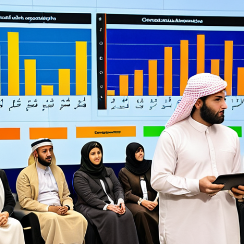 Home 14 **
A diverse group of people (men and women, different ages) participating in a community forum in a vibrant Middle Eastern city. The backdrop includes modern buildings blended with traditional architecture. A female policy analyst is presenting data on a large screen displaying graphs and charts (in Arabic). The atmosphere is engaged and collaborative. Focus on realistic details like traditional clothing elements mixed with modern attire.
**