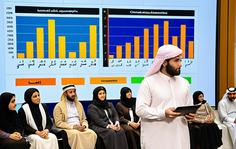 **
A diverse group of people (men and women, different ages) participating in a community forum in a vibrant Middle Eastern city. The backdrop includes modern buildings blended with traditional architecture. A female policy analyst is presenting data on a large screen displaying graphs and charts (in Arabic). The atmosphere is engaged and collaborative. Focus on realistic details like traditional clothing elements mixed with modern attire.
**