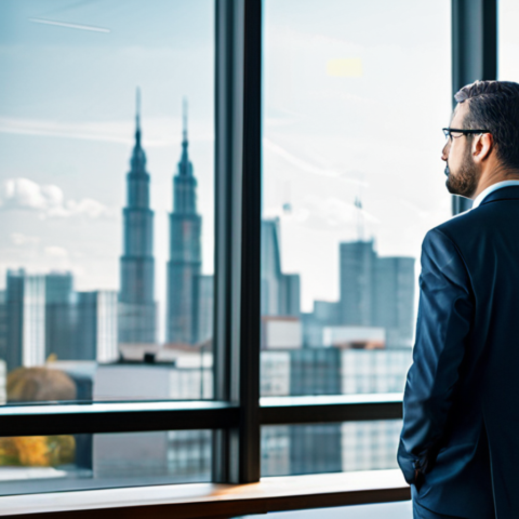 A professional male policy analyst in a modest business suit, standing thoughtfully in a modern, high-tech office environment. He is observing a large transparent screen displaying complex data visualizations and policy impact metrics. The background features a subtle, blurred city skyline, symbolizing broad societal influence. The scene conveys deep contemplation and expertise. Perfect anatomy, correct proportions, natural pose, well-formed hands, proper finger count, natural body proportions. Safe for work, appropriate content, fully clothed, professional, family-friendly, high quality, realistic photography.