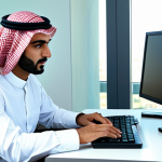 A professional male policy analyst, of Saudi descent, in a sharp, modest business suit, sitting focused at a sleek desk in a modern, sunlit office. He is intently analyzing complex data visualizations on a large, high-resolution monitor. His posture is natural, and his expression reflects deep critical thinking and problem-solving, with well-formed hands resting near a keyboard. The background shows a clean, organized workspace with subtle modern Arab architectural elements. Fully clothed, appropriate attire, professional dress, safe for work, appropriate content, perfect anatomy, correct proportions, natural pose, well-formed hands, proper finger count, natural body proportions, professional photography, high resolution.