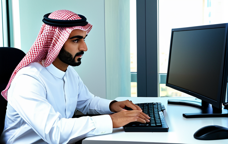A professional male policy analyst, of Saudi descent, in a sharp, modest business suit, sitting focused at a sleek desk in a modern, sunlit office. He is intently analyzing complex data visualizations on a large, high-resolution monitor. His posture is natural, and his expression reflects deep critical thinking and problem-solving, with well-formed hands resting near a keyboard. The background shows a clean, organized workspace with subtle modern Arab architectural elements. Fully clothed, appropriate attire, professional dress, safe for work, appropriate content, perfect anatomy, correct proportions, natural pose, well-formed hands, proper finger count, natural body proportions, professional photography, high resolution.