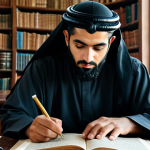 The Knowledge Seeker**

A fully clothed Arab scholar in modest traditional attire sits at a large wooden desk piled high with books in a well-lit, ornate library. He is studying intently, with a magnifying glass in hand. Ancient Arabic texts and maps are visible in the background. Safe for work, appropriate content, perfect anatomy, natural proportions, professional, high quality, well-formed hands, proper finger count.

**