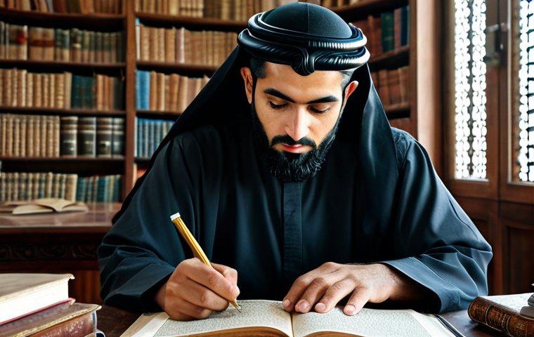 The Knowledge Seeker**

A fully clothed Arab scholar in modest traditional attire sits at a large wooden desk piled high with books in a well-lit, ornate library. He is studying intently, with a magnifying glass in hand. Ancient Arabic texts and maps are visible in the background. Safe for work, appropriate content, perfect anatomy, natural proportions, professional, high quality, well-formed hands, proper finger count.

**