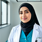 **

"A professional female doctor in a modern hospital, wearing a hijab and a lab coat, fully clothed, appropriate attire, safe for work, perfect anatomy, natural proportions, family-friendly, showcasing advanced medical technology, clean and bright environment, professional photography, high quality, Arabic calligraphy in the background."

**