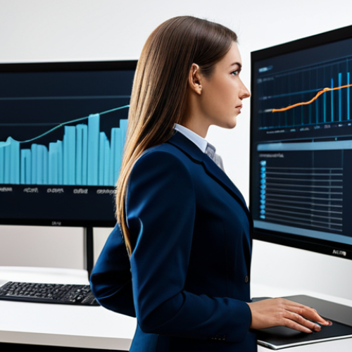 **

"A professional woman wearing a modest, stylish business suit in a modern office setting, fully clothed, appropriate attire, safe for work. She is confidently analyzing data on a large screen, perfect anatomy, correct proportions, natural pose, well-formed hands, proper finger count, natural body proportions, professional, family-friendly, high-quality rendering."

**