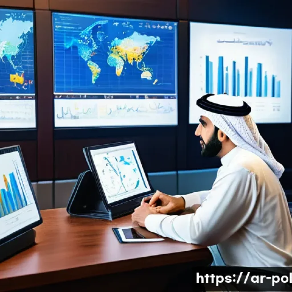 정책분석사와 데이터 중심 정책 연구와 성공 요인 - A modern Middle Eastern policy analyst office scene showing a professional Arab man in formal attire...