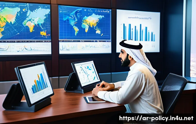 정책분석사와 데이터 중심 정책 연구와 성공 요인 - A modern Middle Eastern policy analyst office scene showing a professional Arab man in formal attire...
