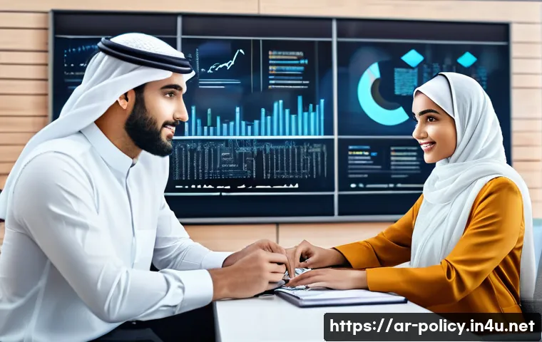 정책분석사와 공공정책과 관련된 트렌드 분석 - A modern Middle Eastern public policy analyst office scene featuring a diverse Arab professional man...