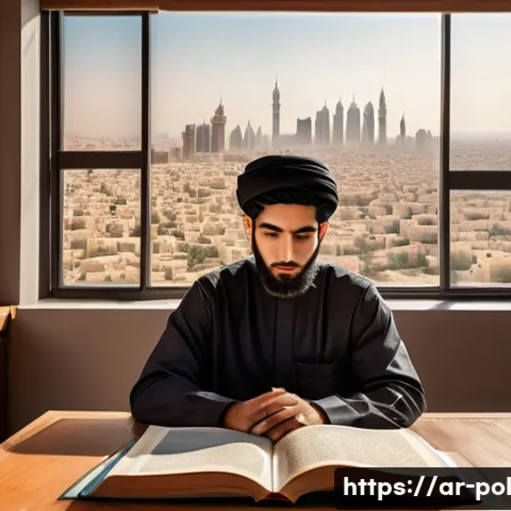 정책분석사 시험 대비 추천 교재 - A modern study room scene featuring an Arabic-speaking student sitting at a wooden desk, surrounded ...