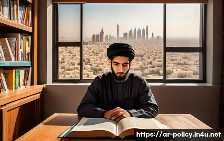 정책분석사 시험 대비 추천 교재 - A modern study room scene featuring an Arabic-speaking student sitting at a wooden desk, surrounded ...
