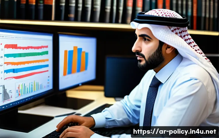 정책분석사와 경력 성장 사례 연구 - A professional Arab male political analyst in a modern office setting, wearing business attire with ...