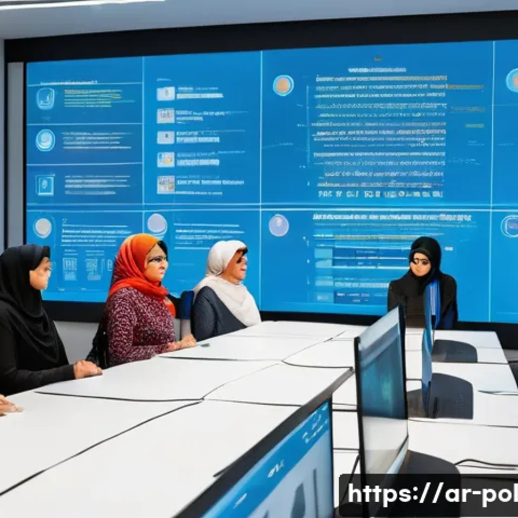정책분석사와 데이터 활용 성공 사례 - A modern Middle Eastern urban policy analysis office, featuring a diverse group of Arabic-speaking d...