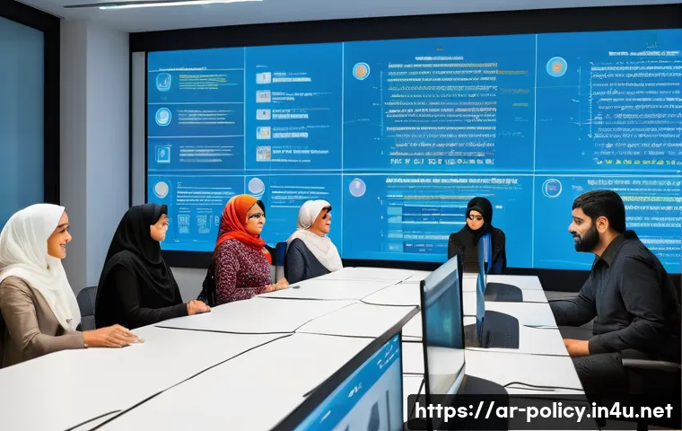 정책분석사와 데이터 활용 성공 사례 - A modern Middle Eastern urban policy analysis office, featuring a diverse group of Arabic-speaking d...