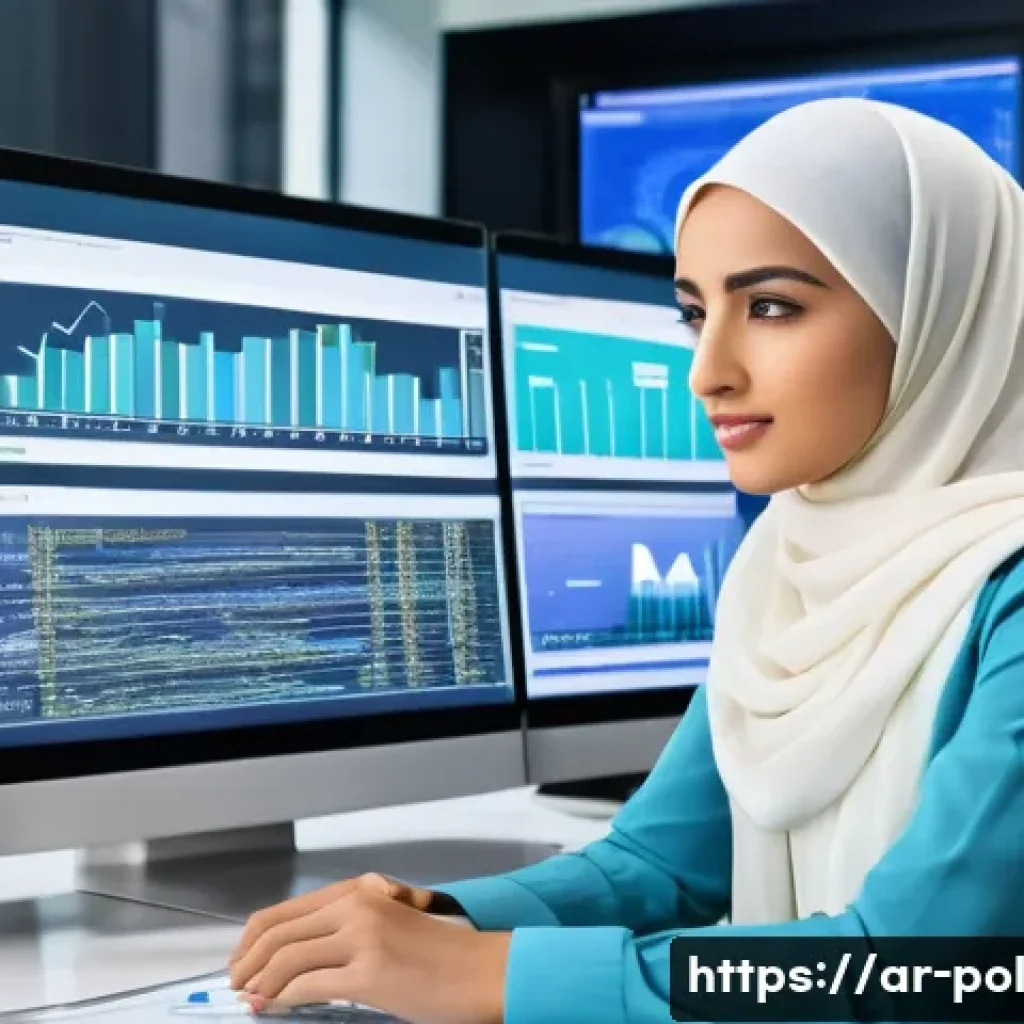 정책분석사와 IT 기술 활용 사례 - A professional Middle Eastern data analyst woman wearing business casual attire and a hijab, sitting...