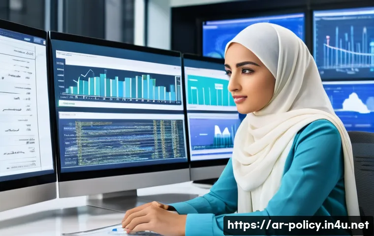 정책분석사와 IT 기술 활용 사례 - A professional Middle Eastern data analyst woman wearing business casual attire and a hijab, sitting...