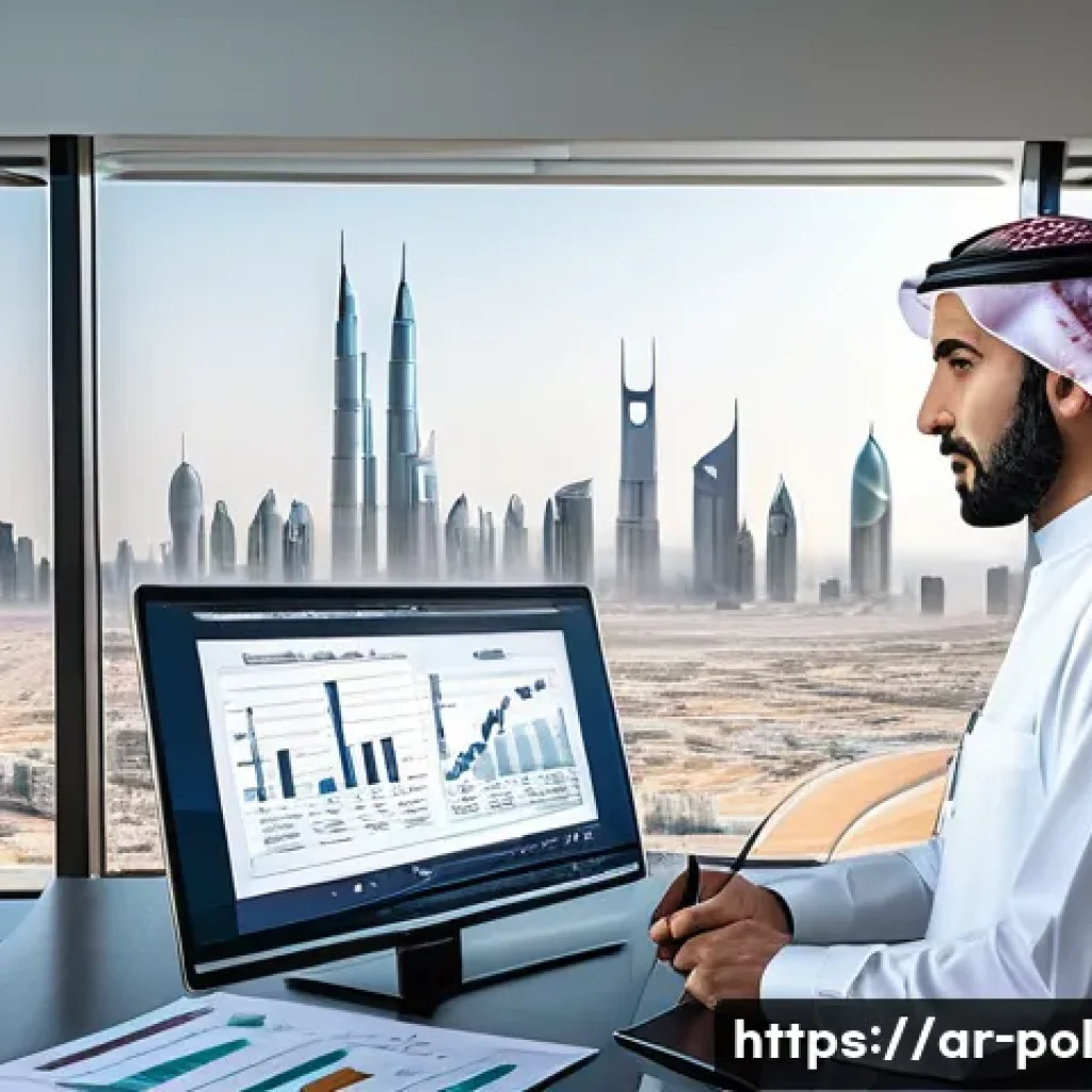 정책분석사 자격증 취득 후 커리어 패스 - A professional Middle Eastern policy analyst in a modern office setting, wearing business attire, an...