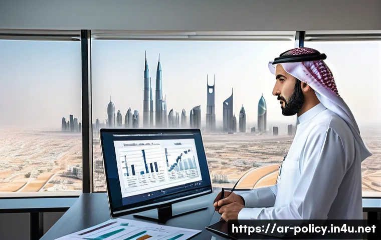 정책분석사 자격증 취득 후 커리어 패스 - A professional Middle Eastern policy analyst in a modern office setting, wearing business attire, an...