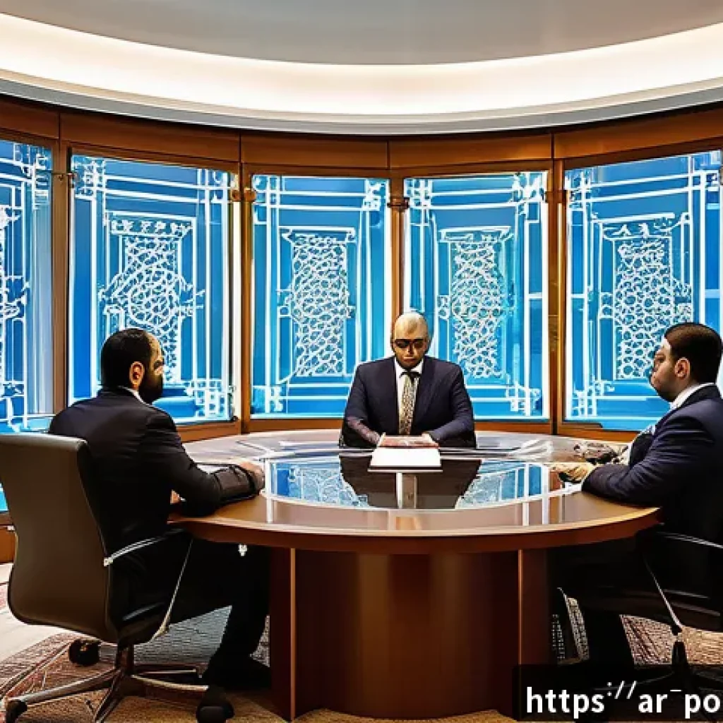 정책분석사와 업무 관련 독서 목록 - A detailed scene of a modern Arab government office where diverse policymakers are engaged in a bala...