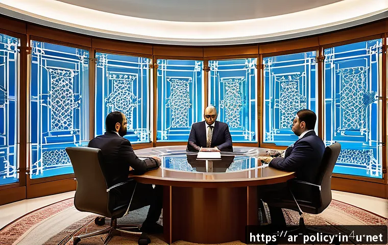 정책분석사와 업무 관련 독서 목록 - A detailed scene of a modern Arab government office where diverse policymakers are engaged in a bala...