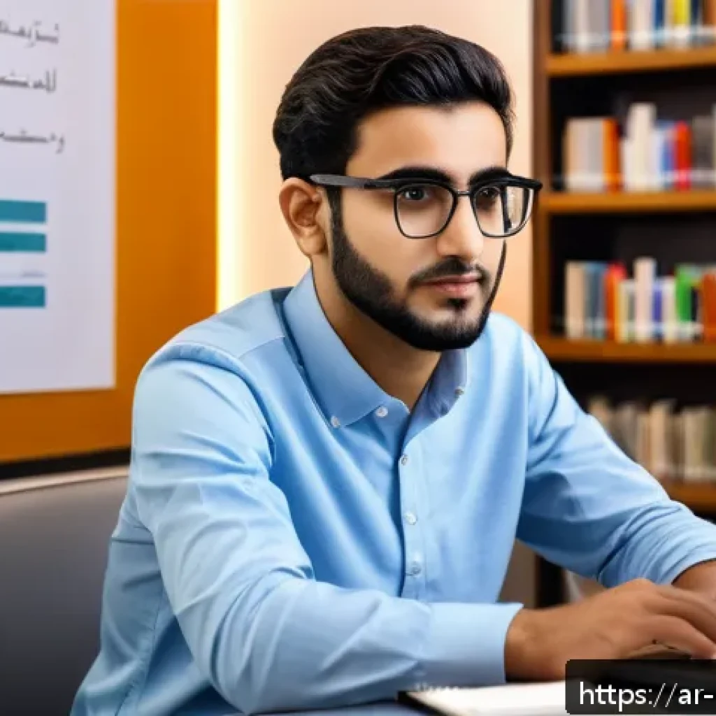 정책분석사 시험 대비 모의고사 활용법 - A modern study room setting with a young Arab male student wearing casual clothes and glasses, focus...