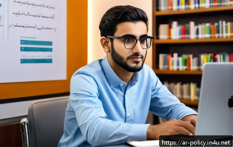 정책분석사 시험 대비 모의고사 활용법 - A modern study room setting with a young Arab male student wearing casual clothes and glasses, focus...
