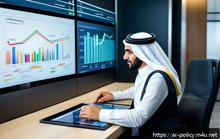 정책분석사와 데이터 분석 사례와 성공 요인 연구 - A modern Middle Eastern office setting featuring a diverse group of professional Arab analysts and m...