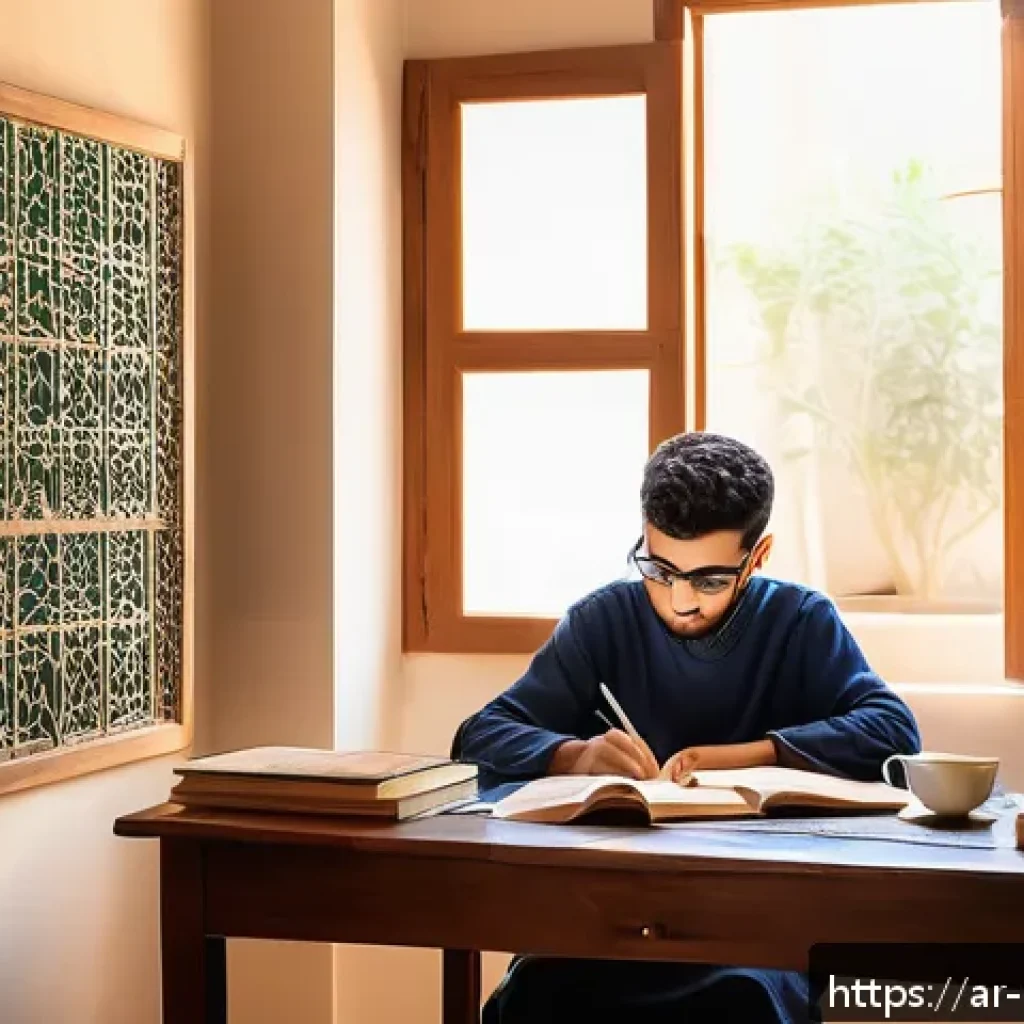정책분석사 시험 공부 시간 효율화 - A focused young Arab student studying at a tidy desk in a quiet, well-lit room, surrounded by neatly...
