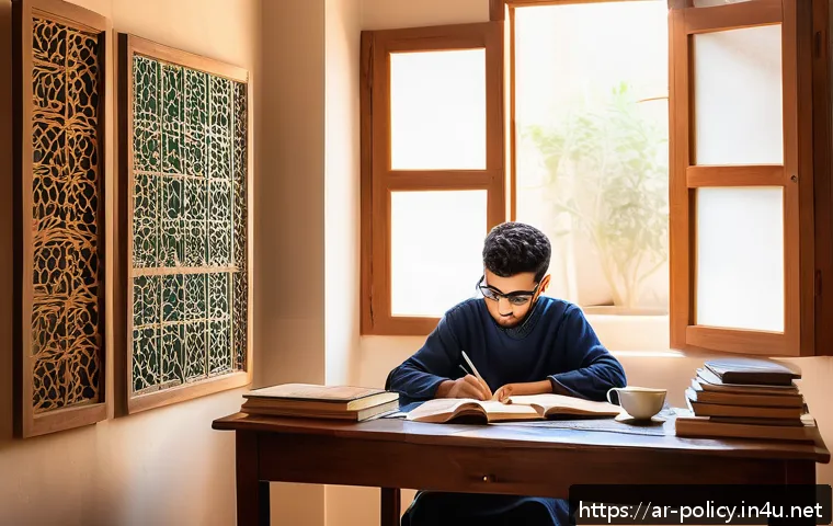 정책분석사 시험 공부 시간 효율화 - A focused young Arab student studying at a tidy desk in a quiet, well-lit room, surrounded by neatly...