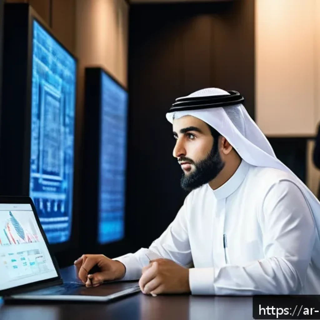 정책분석사가 활용하는 리서치 툴 - A modern Middle Eastern office environment featuring an Arab data analyst in traditional attire usin...