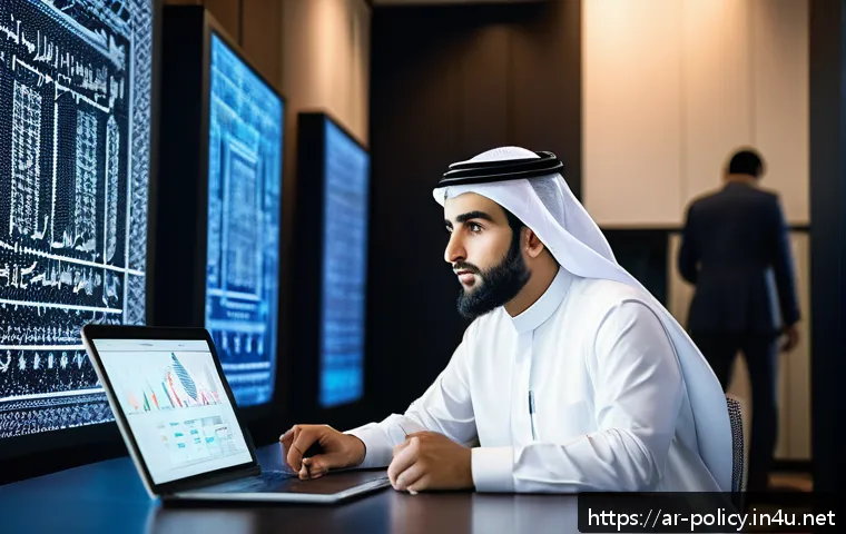 정책분석사가 활용하는 리서치 툴 - A modern Middle Eastern office environment featuring an Arab data analyst in traditional attire usin...
