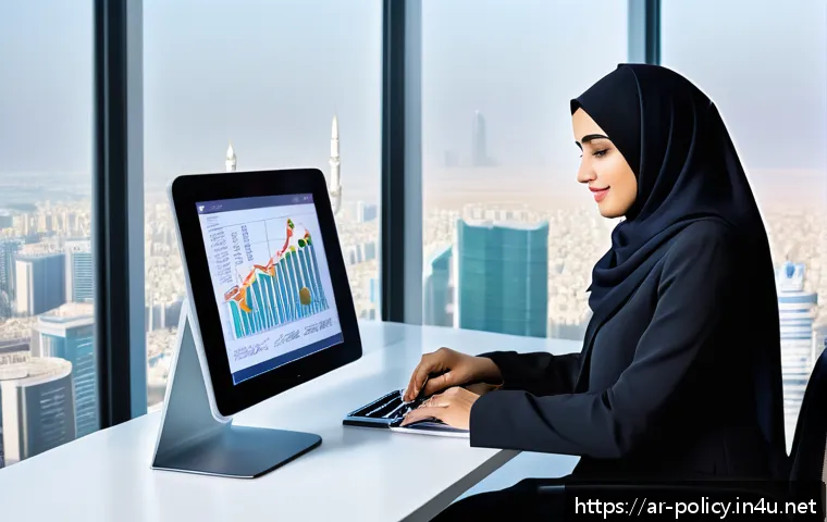 정책분석사와 국가별 정책 사례 비교 - A sophisticated Middle Eastern policy analyst office scene, showing a professional Arab woman in mod...