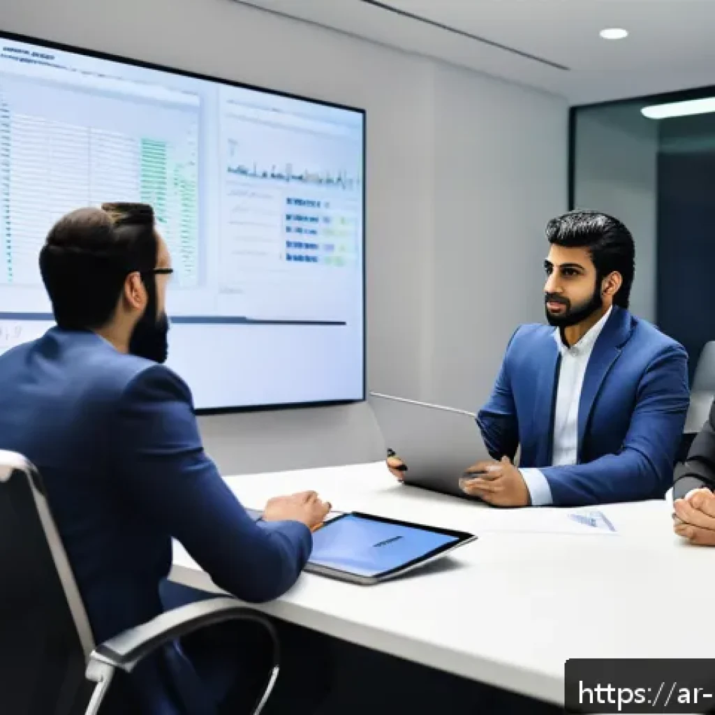 정책분석사와 성공적인 프로젝트 관리 사례 - A professional Middle Eastern woman in modern business attire, sitting at a sleek conference table w...