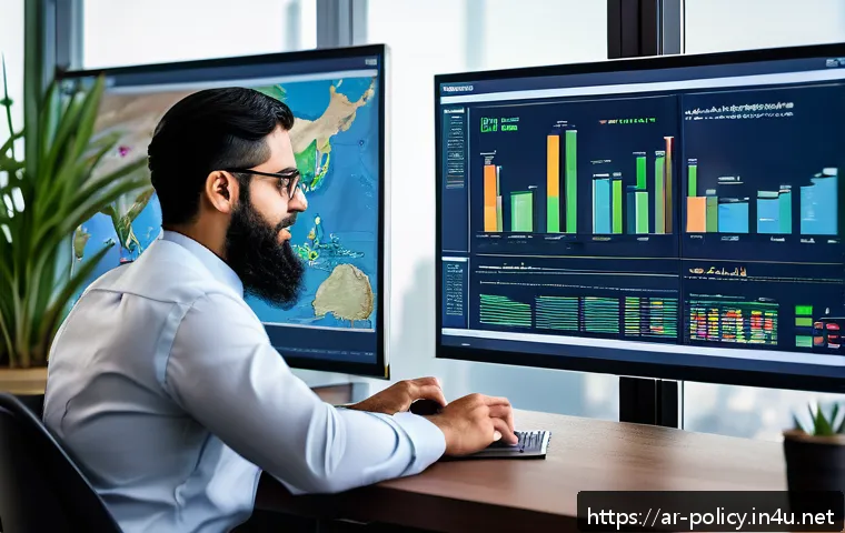 정책분석사와 실습을 통한 스킬 개발 - A professional Middle Eastern policy analyst in a modern office setting, surrounded by large digital...