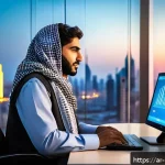 정책분석사와 국가별 연봉 비교 - A professional Middle Eastern policy analyst working in a modern office overlooking a city skyline a...