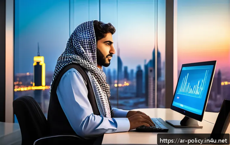 정책분석사와 국가별 연봉 비교 - A professional Middle Eastern policy analyst working in a modern office overlooking a city skyline a...