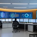 정책분석사와 데이터 활용 사례 연구 - A modern data analysis control room filled with large digital screens displaying big data visualizat...