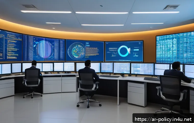 정책분석사와 데이터 활용 사례 연구 - A modern data analysis control room filled with large digital screens displaying big data visualizat...