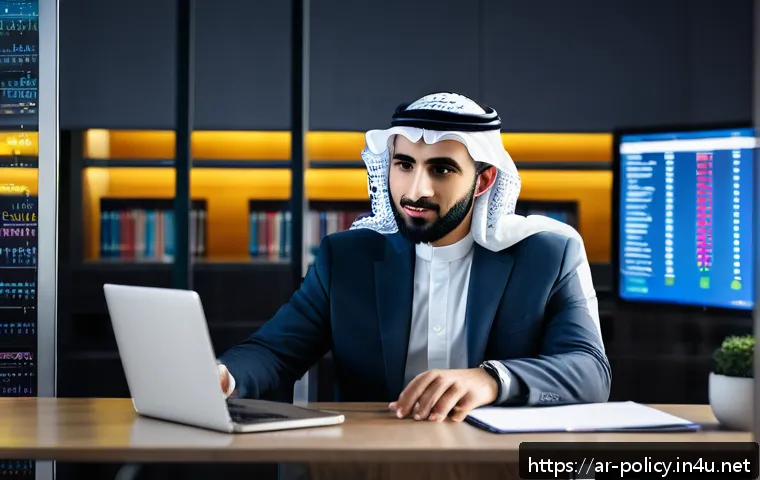 정책분석사와 공공 정책 성공 사례 연구와 경력 개발 전략 - A professional Middle Eastern policy analyst in a modern office setting, wearing smart business atti...