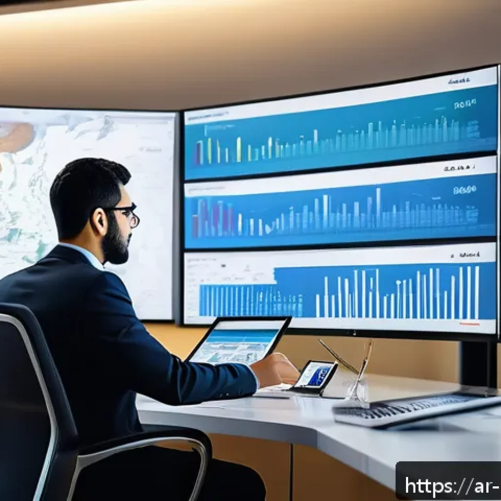 정책분석사와 공공 정책의 도전 과제 - A detailed digital artwork depicting a Middle Eastern policy analyst working in a modern office fill...