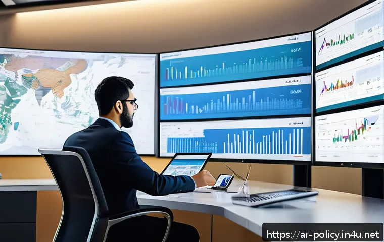 정책분석사와 공공 정책의 도전 과제 - A detailed digital artwork depicting a Middle Eastern policy analyst working in a modern office fill...