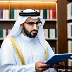 정책분석사 시험 커트라인 정보 - A professional Arab policy analyst in a modern office setting, wearing business attire and glasses, ...